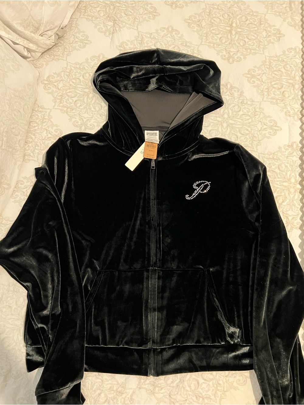VS PINK Black Velvet Zip Hoodie with Rhinestone 'P' Accent